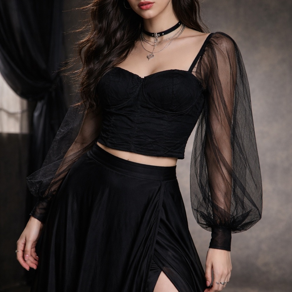 Rosevelvet Black Corset Mesh Puff Sleeve Top NWT 2X Sheer crop blouse bustier